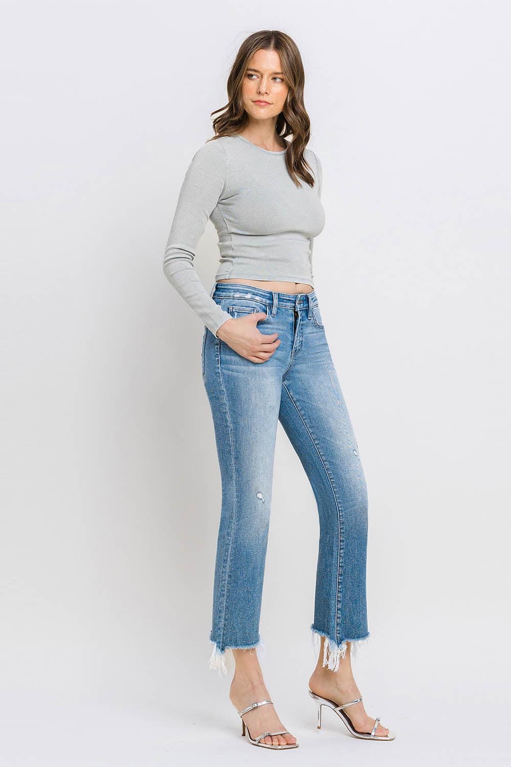 Comfort Stretch - Mid Rise Frayed Hem Bootcut Jeans