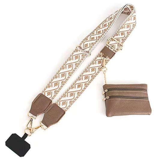 Patterned strap with a clip and small pouch on a white background