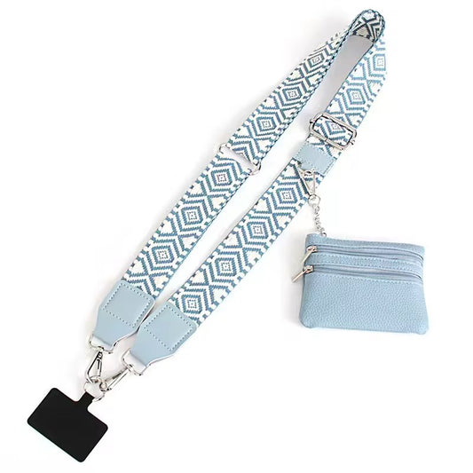 Light blue patterned lanyard with a matching cardholder on a white background