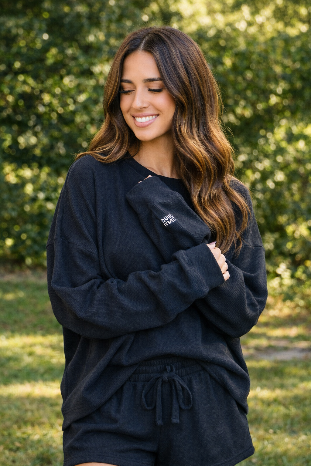 Lulu Mac Waffle Long Sleeve Top - Black