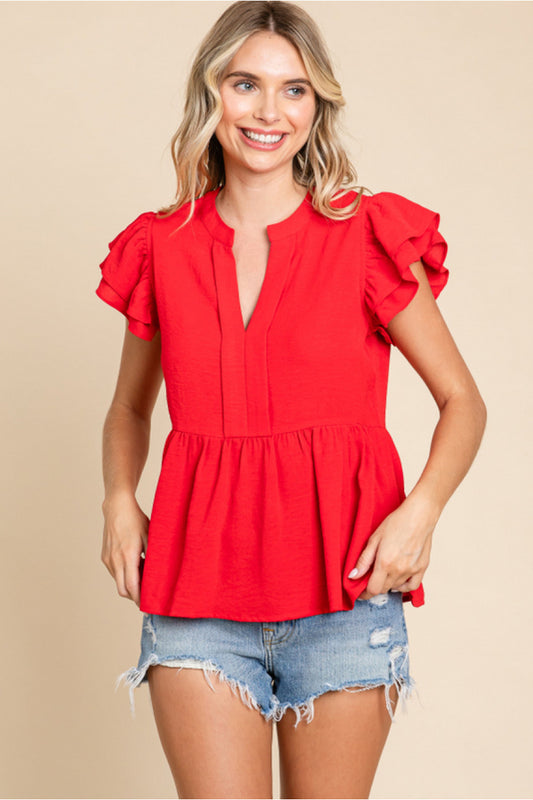 Solid V-Neck Top with Ruffled Sleeves
