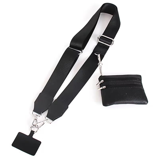 Black suspenders with a attached black pouch on a white background