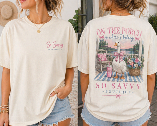 Two images of a person wearing a t-shirt with a duck graphic and text, one plain and one with a graphic design.