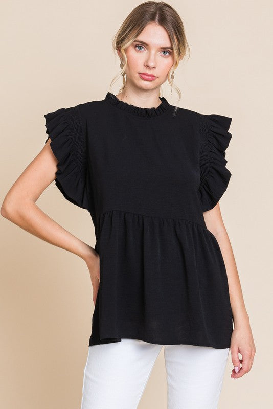 Solid Baby Doll Top with Ruffled Sleeves (4 colors)