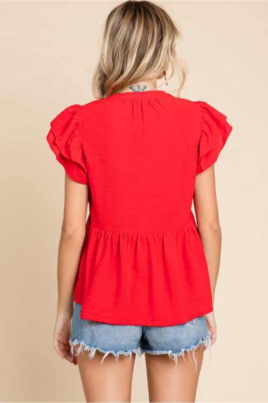Solid V-Neck Top with Ruffled Sleeves