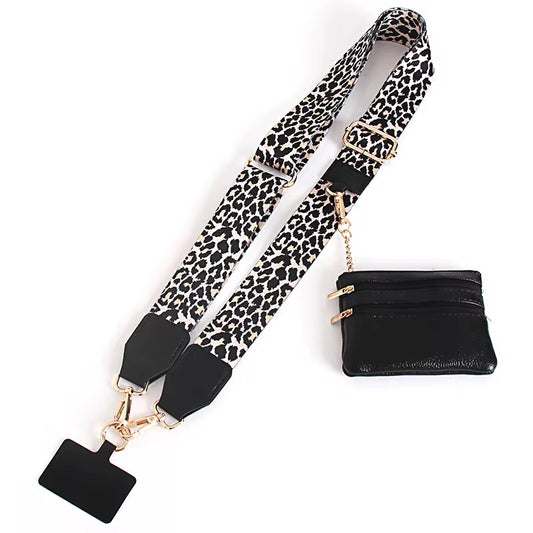 Leopard print lanyard with black clip and small black pouch on a white background