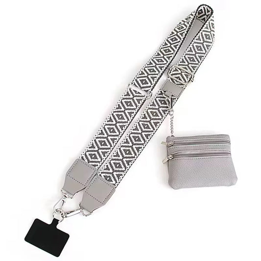 Gray patterned lanyard with a small gray pouch on a white background