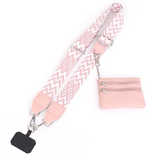 Pink lanyard with geometric pattern and attached pouch on a white background