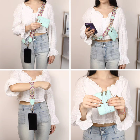 Four-panel collage of a person wearing a white blouse, light blue jeans, and a colorful strap over their shoulder.