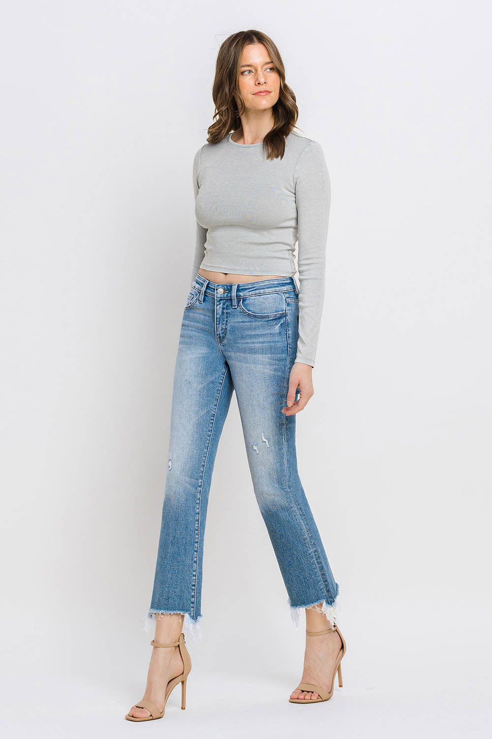 Comfort Stretch - Mid Rise Frayed Hem Bootcut Jeans