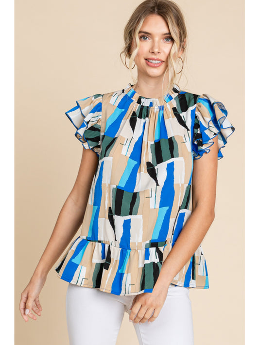 Abstract Print Top with Ruffled Sleeves and Hemline