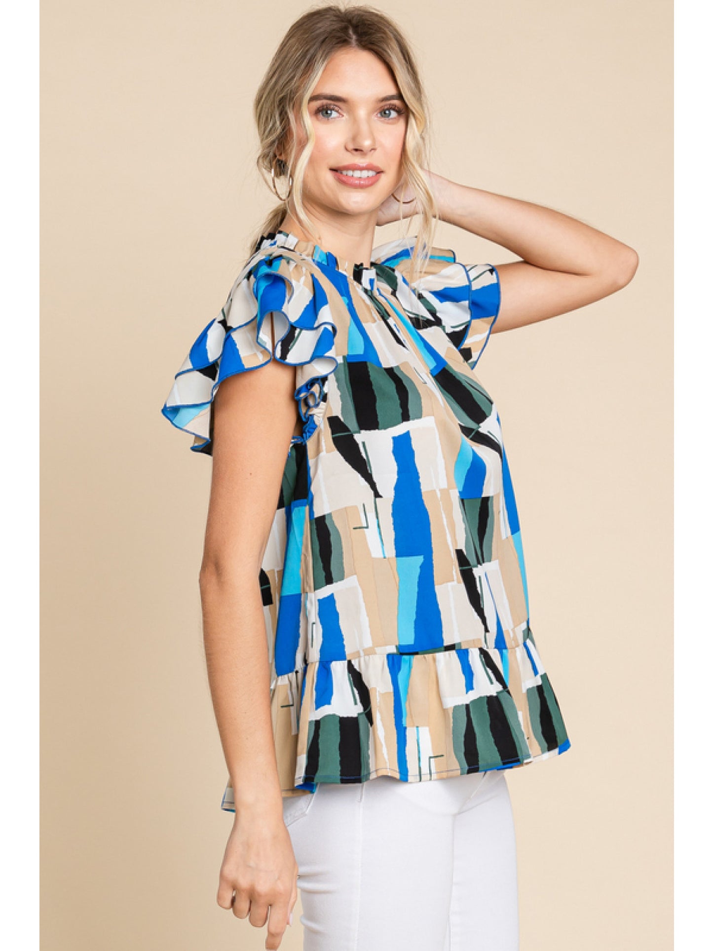 Abstract Print Top with Ruffled Sleeves and Hemline