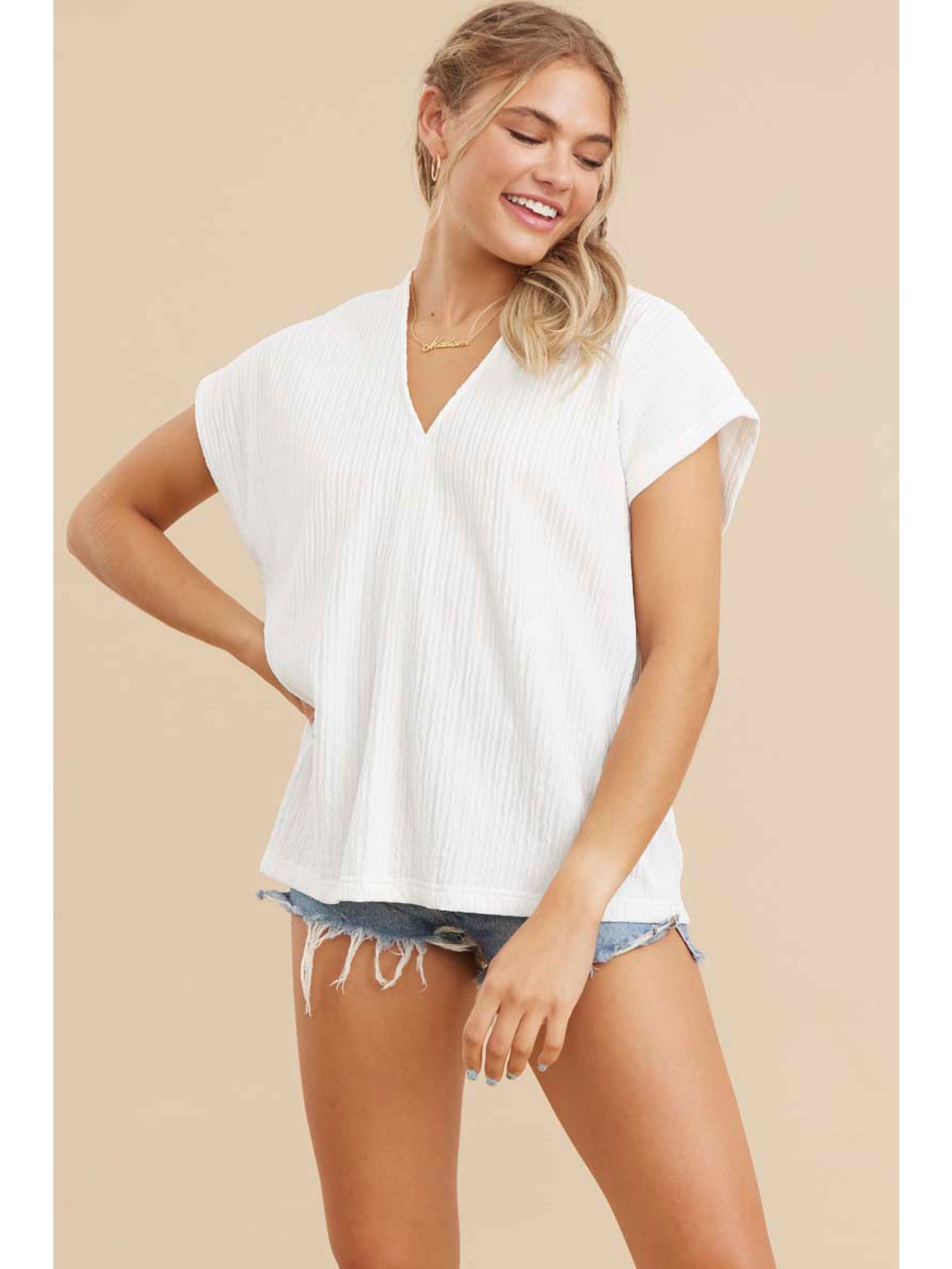 Textured V-Neck Dolman Sleeve Top